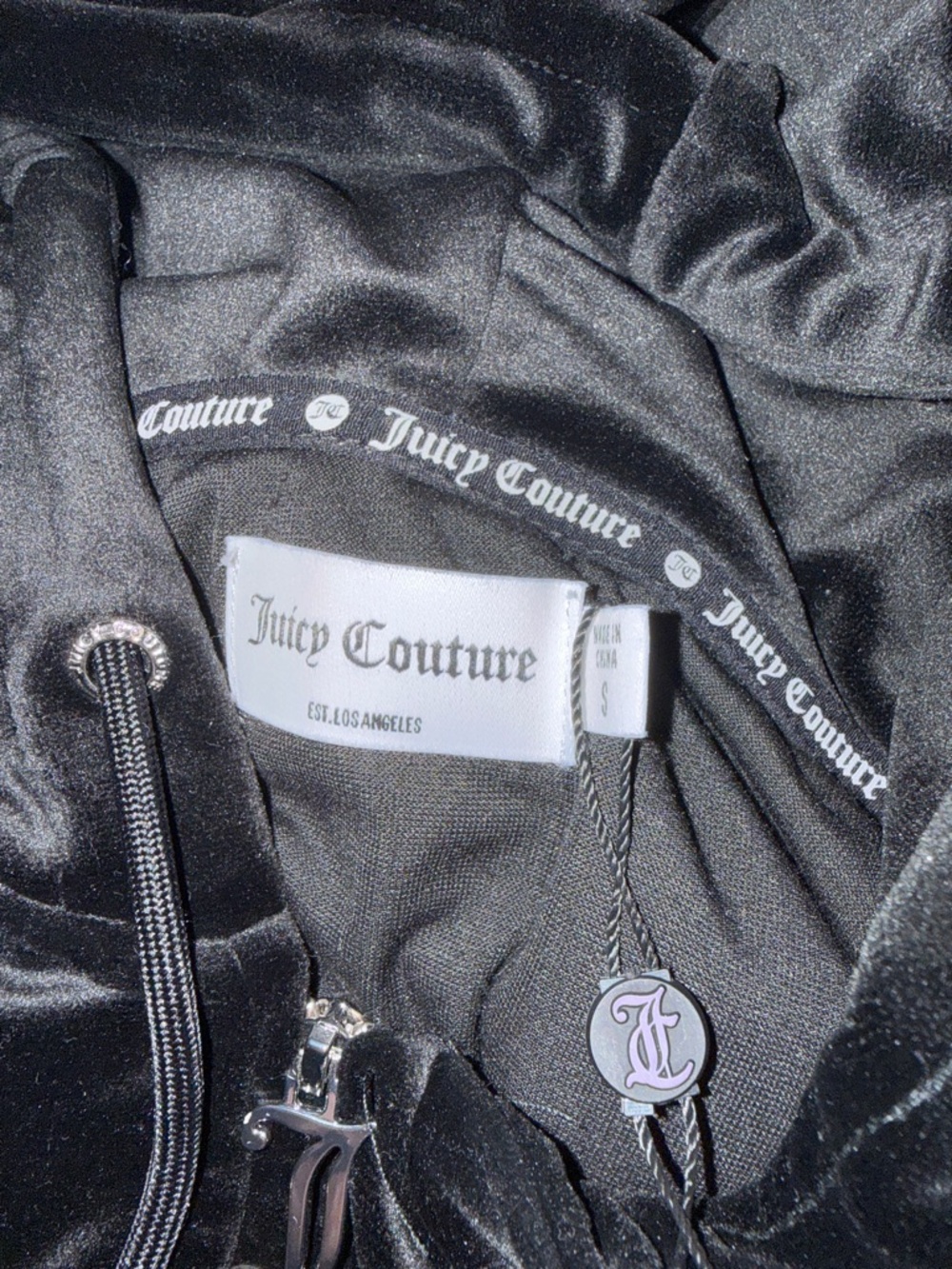 Juicy Couture Black Velour Rhinestone Logo Hoodie and Pant Set - Picture 2 of 7